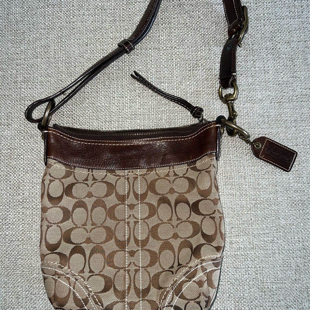 Coach Authentic Shoulder bag, tan signature canvas with leather top & strap.